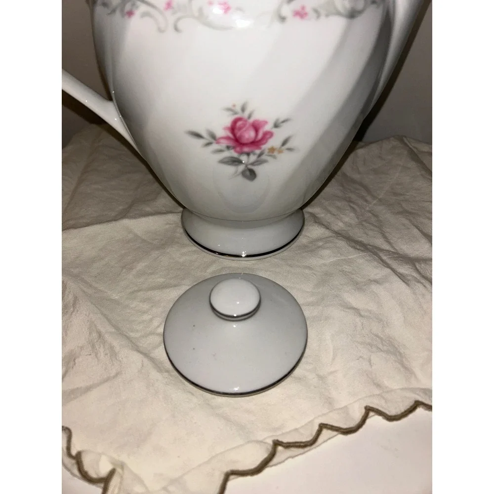 Royal Swirl Fine China Teapot Pink Rose Silver Trim Vintage Japan Floral Tea Pot
